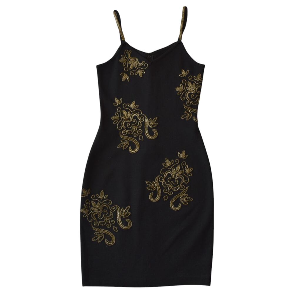 Vintage 90s Black Gold Beaded Knit Bodycon Dress –Size XS